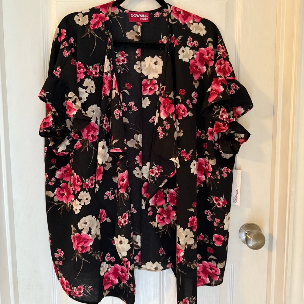 New Downing Studio Black Floral Women's Kimono ruffle size 1X